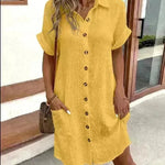 Womens Button Down Shirt Dress Summer Cotton Linen Dress V-Neck Mini Dress Casual Short Sleeve Loose Tunic Dresses - EX-STOCK CANADA