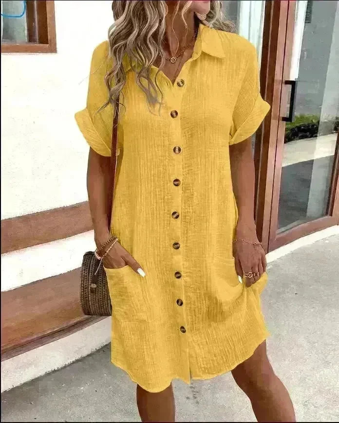 Womens Button Down Shirt Dress Summer Cotton Linen Dress V-Neck Mini Dress Casual Short Sleeve Loose Tunic Dresses - EX-STOCK CANADA