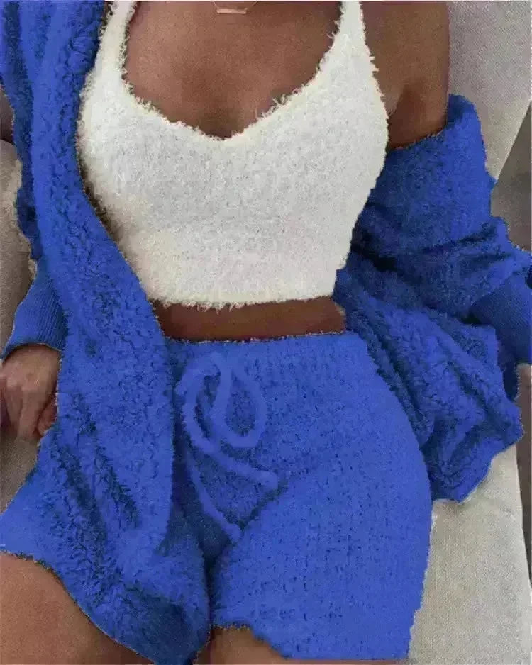 Winter Sexy Women Home Wear Suit Casual Pajamas Set Lady Female Soft Warm Long Sleeve Exposed Navel Vest Shorts Set - EX-STOCK CANADA