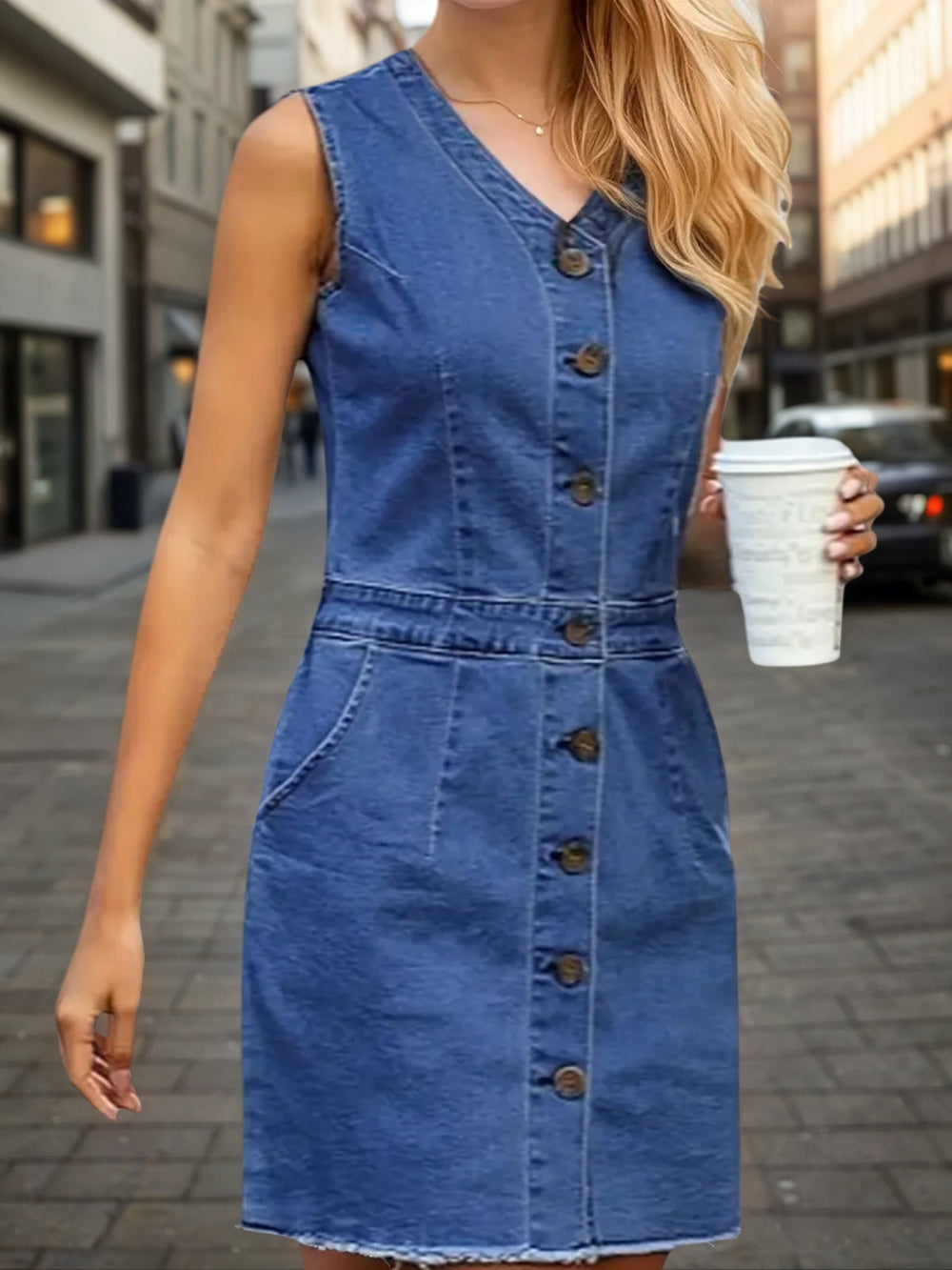 Women’s Fashion Trend Sleeveless Dress, V-neck Design - Button Detail Frayed Hem Denim Skirt 