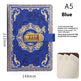 Blue notebook with gold accents and a combination lock, dimensions and material details provided.