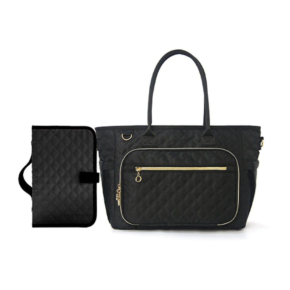 Black quilted handbag with gold zipper on a white background