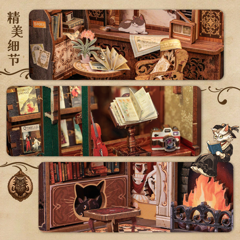 Detailed wooden model of a room with books, furniture, and decorative items.