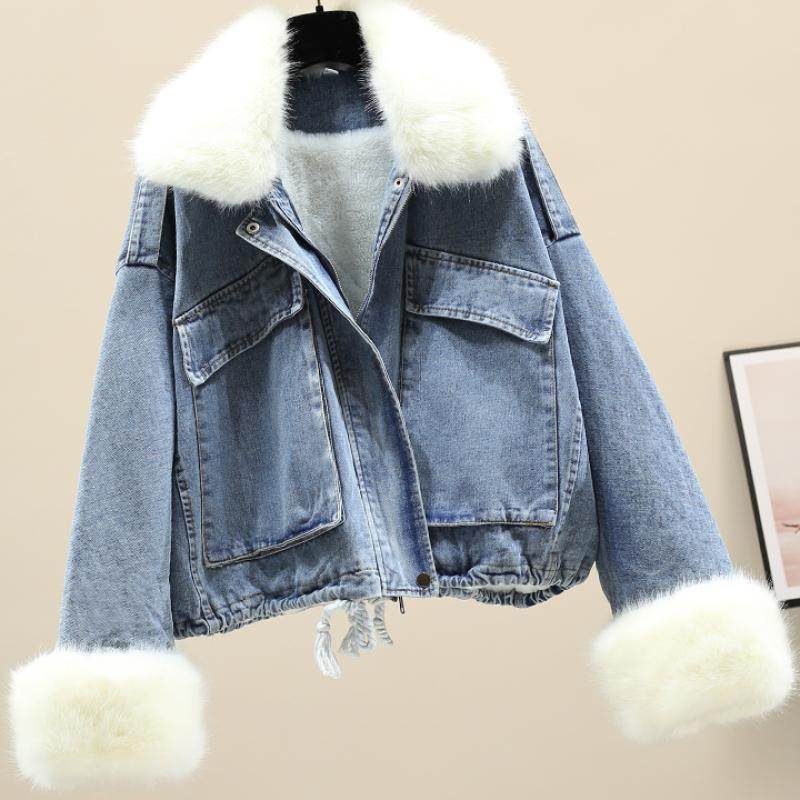 Furry Collar Denim Pie Overcoming Loose Plus Fleece Jacket Women EX-STOCK Canada 