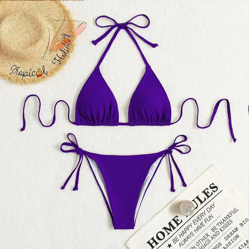 Pure Color Tied Halter Bikini Swimsuit - EX-STOCK CANADA