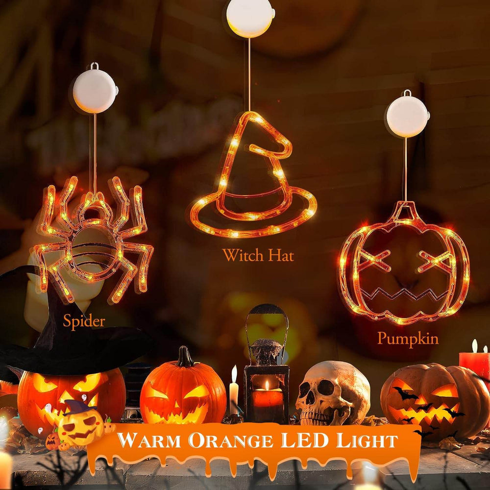 Set Of 3 Pack Halloween Window Light Spider Witch Hat Pumpkin With Orange Light Hanging Halloween Decoration Light With Suction Cup Hanging Holes - EX-STOCK Canada