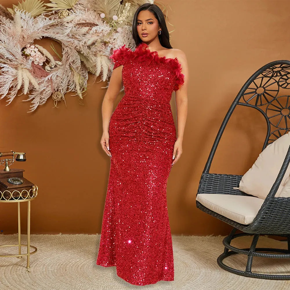 Luxury formal dress Feather Stitching Sequin Evening Dress Long dress - EX-STOCK CANADA