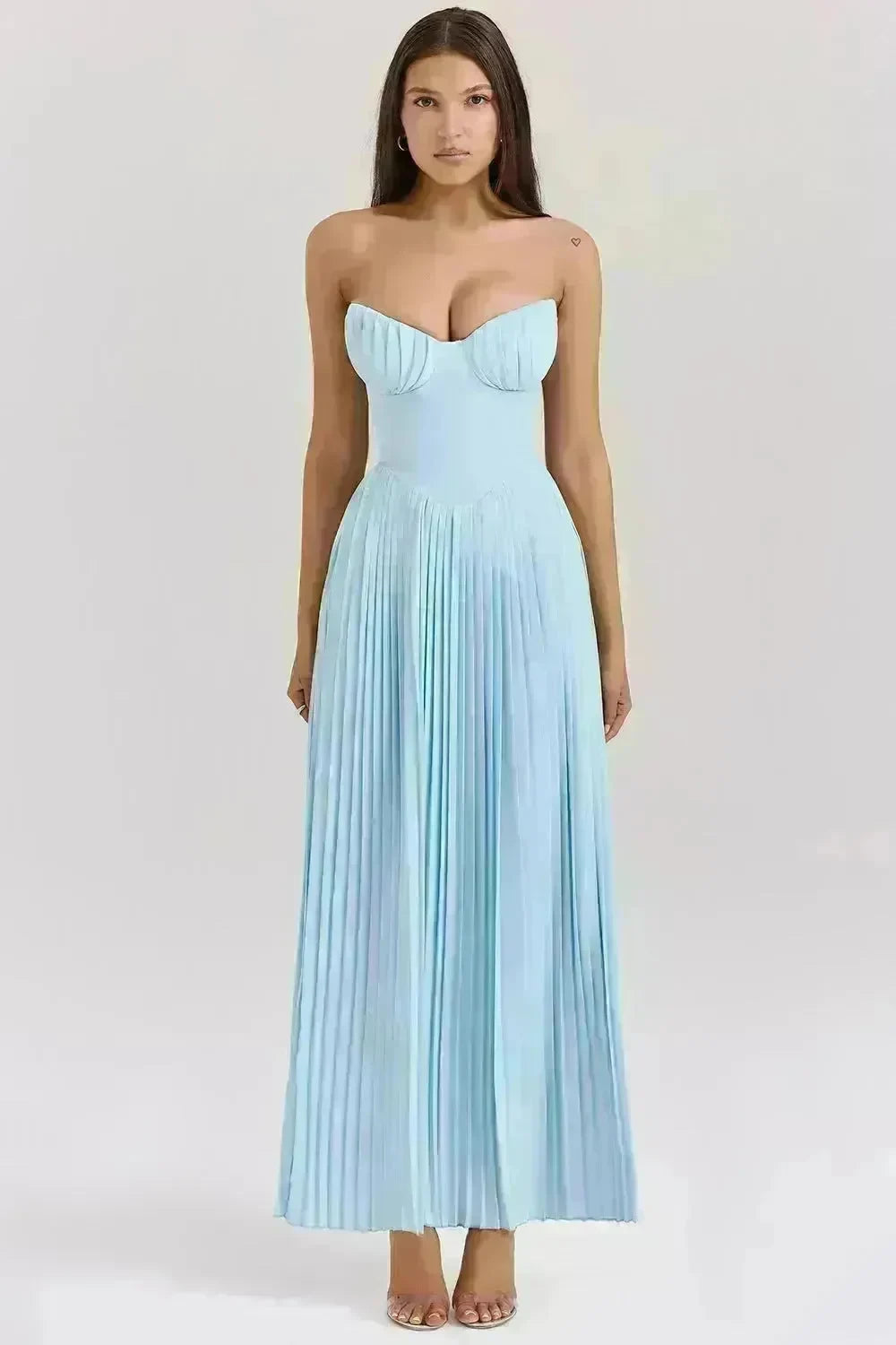 Luxury Blue Strapless Slimming Pleated Long Dress Elegant Tube Dress for Wedding Cocktail Evening Party Events. - EX-STOCK CANADA