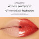 Lip plumper product with text highlighting features on a close-up of lips.