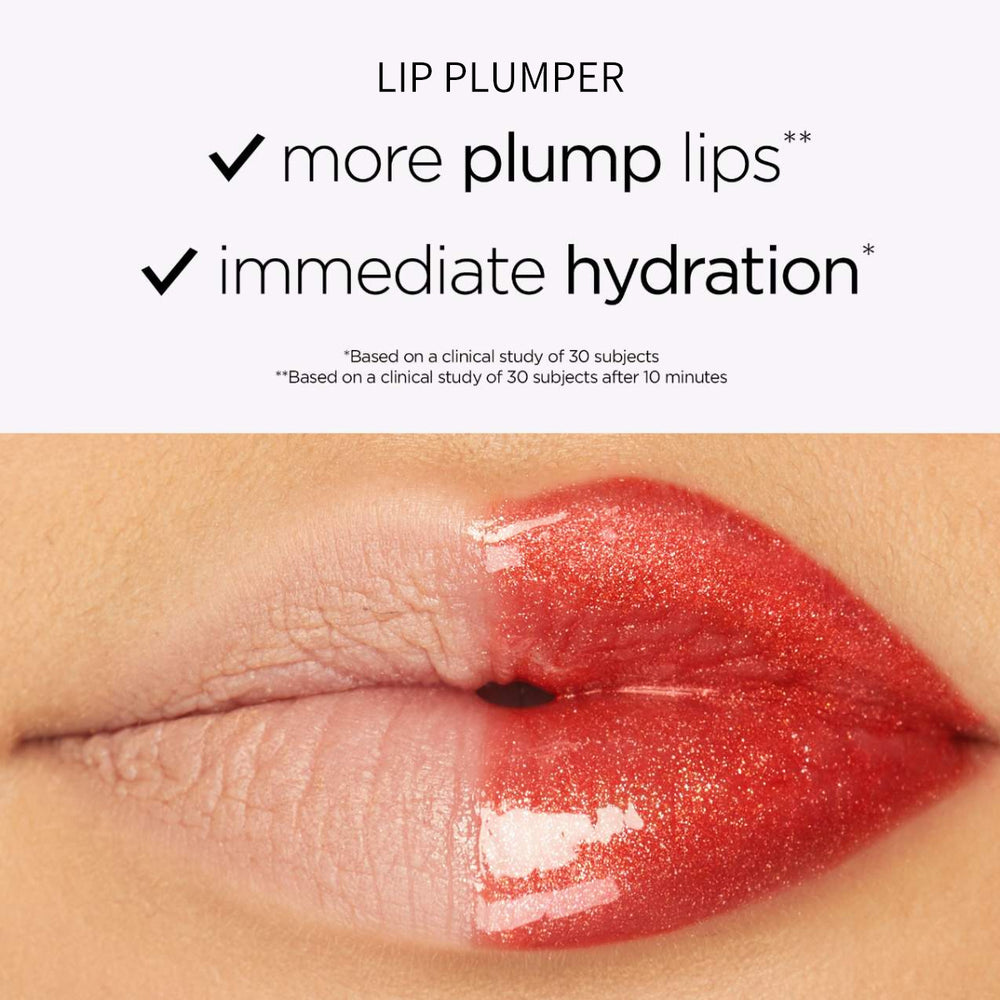 Lip plumper product with text highlighting features on a close-up of lips.