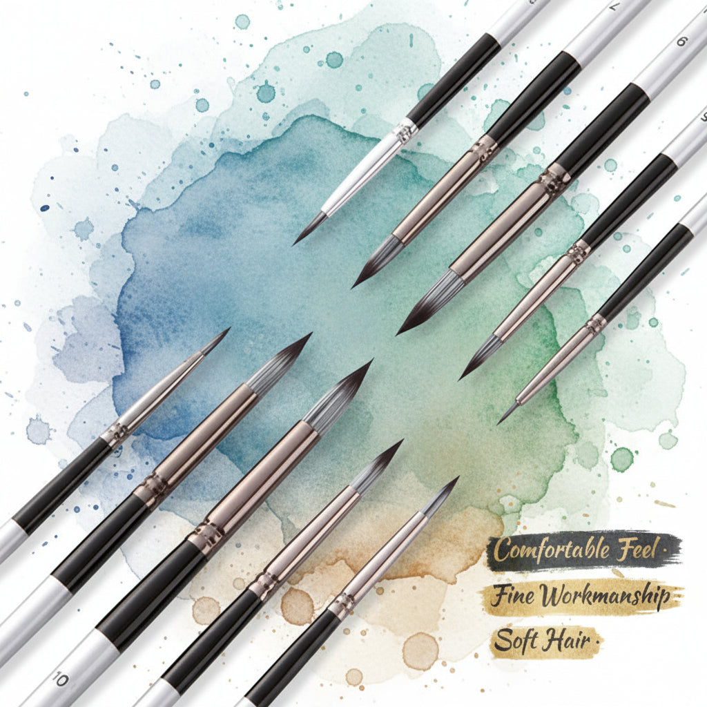 Set of paintbrushes with text highlighting features on a white background