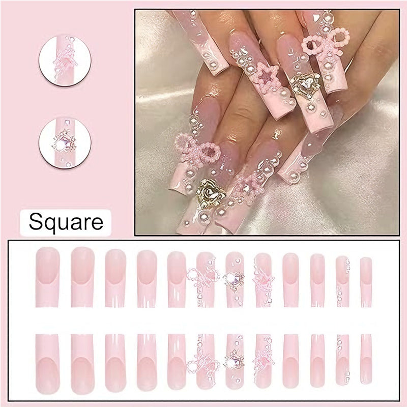 24 pcs Nail Art avec nœud papillon, ongles faux longs avec longue pipe en eau, pointes d'ongles carrées, faux onglesEX-STOCK Canada 