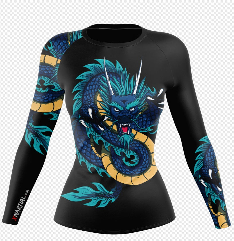 Women’s MMA Compression Rash Guard – Dragon Graphic Long Sleeve BJJ Grappling Training Top