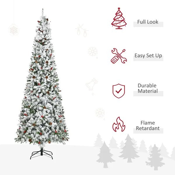 9-foot Pencil Snow Flocked Artificial Christmas Tree With 1350 Pine Realistic Branches, Pine Cones, Red Berries, Auto Open, Green EX-STOCK Canada 