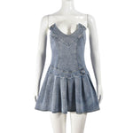 Hot Girl French Pleated V-neck Denim Tube top Dress - EX-STOCK Canada