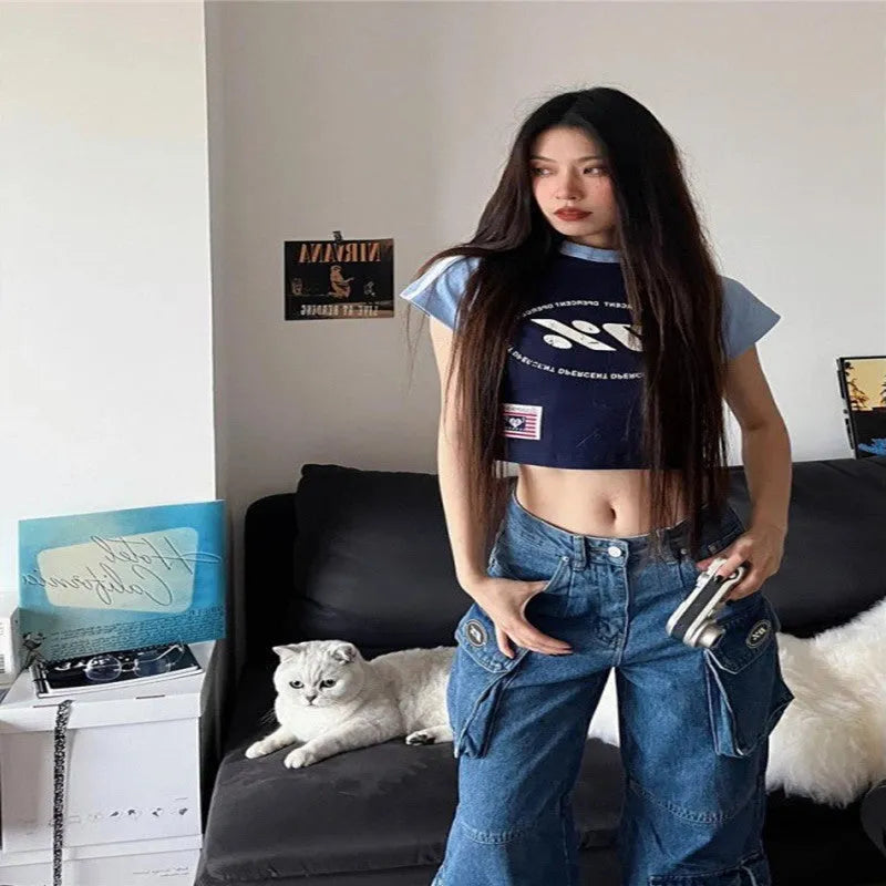 Jeans cargo per il fidanzato larghi blu di jeans per donne
