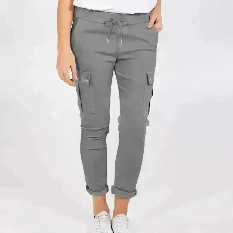 Casual Cargo Pants With Pockets Solid Color Drawstring Waist Pencil Trousers For Women - EX-STOCK CANADA