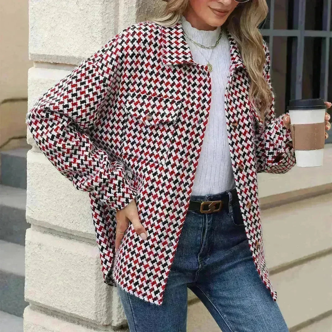 Casual Houndstooth Lapel Tweed Button long sleeve shirt tops for women - EX-STOCK CANADA