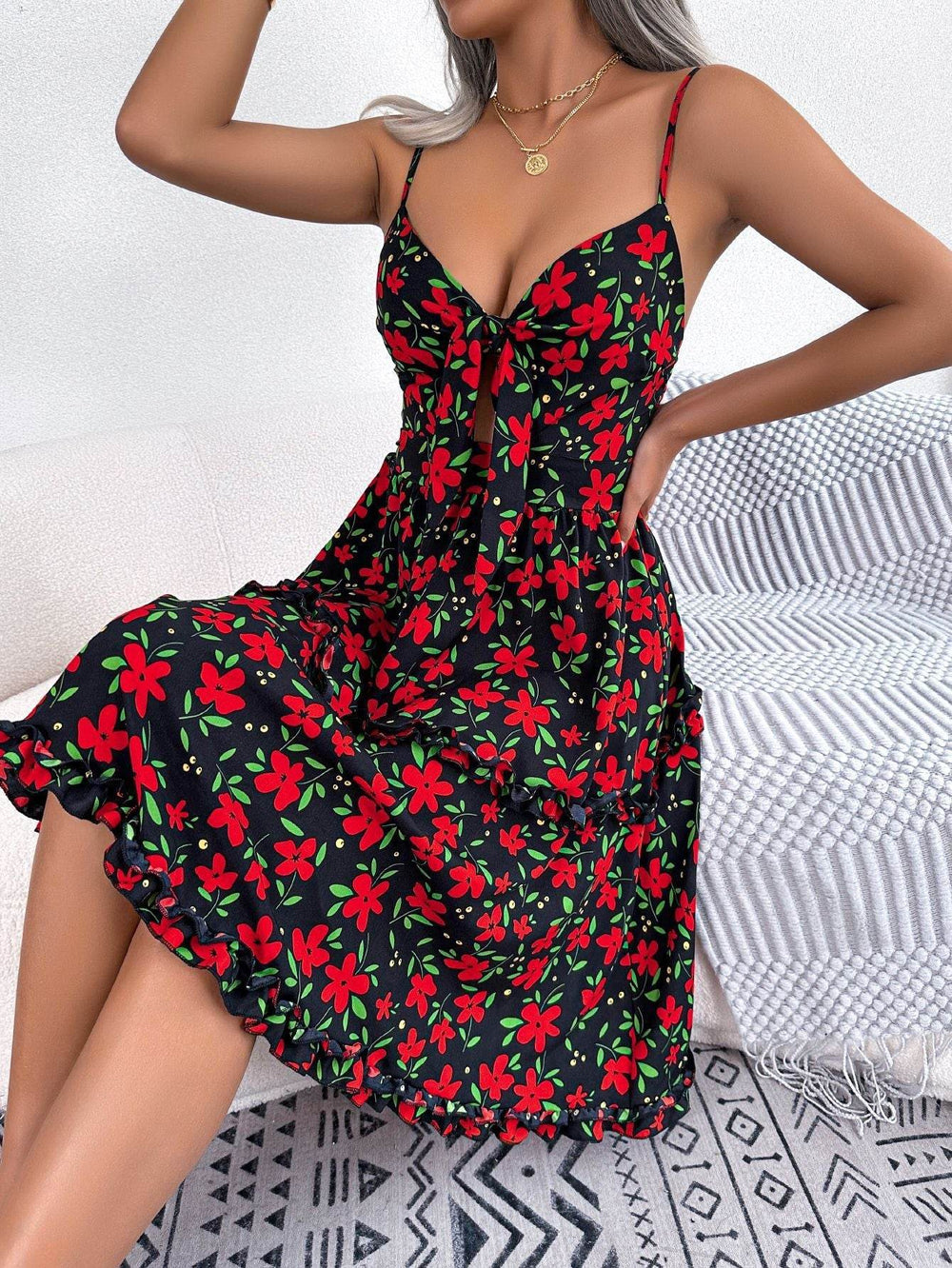 Spring And Summer Leisure Floral Spaghetti floral Midi Dress - EX-STOCK Canada