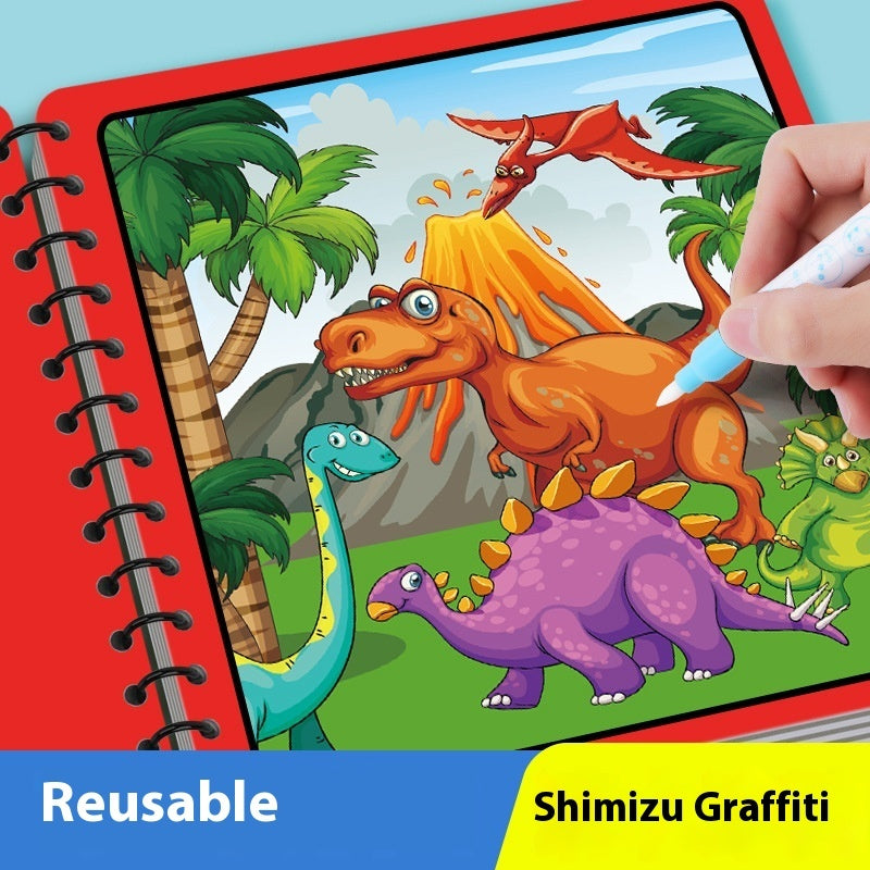 Coloring book with dinosaur illustrations and a hand holding a marker, featuring Shimizu Graffiti brand.