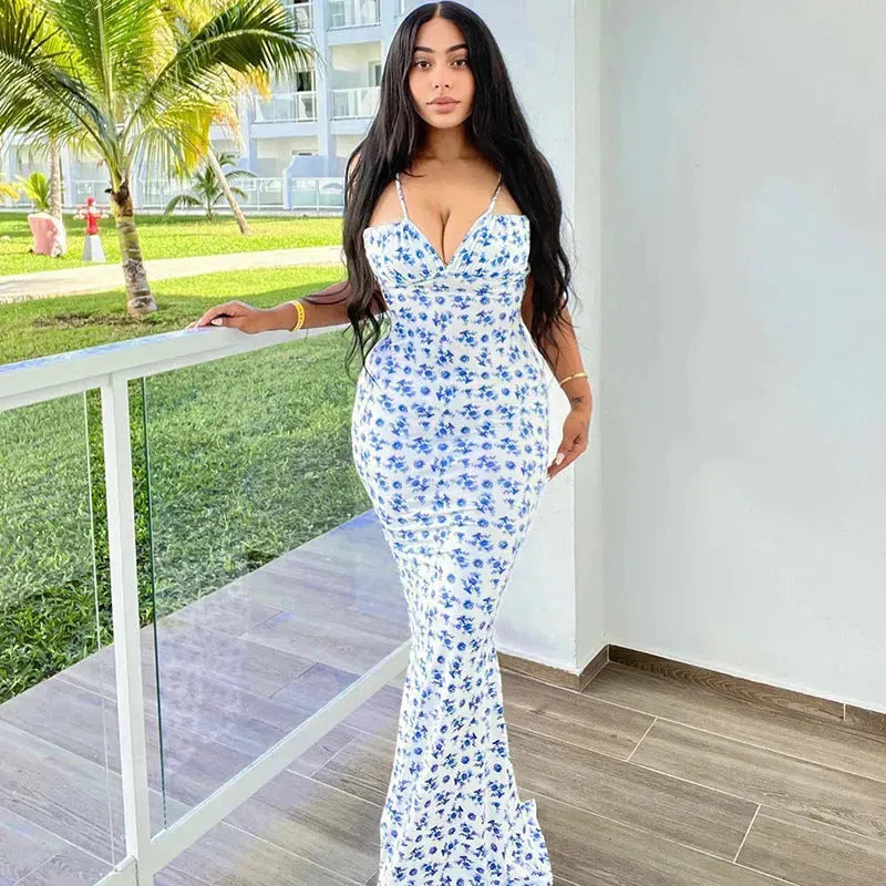 Fashion Flowers Print Suspender Long Dress Summer Lace-up Slim Backless Dresses For Women - EX-STOCK CANADA