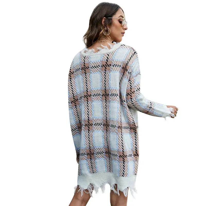 Off shoulder V-neck Pullover Knitted Mini Plaid Sweater Dress - EX-STOCK Canada