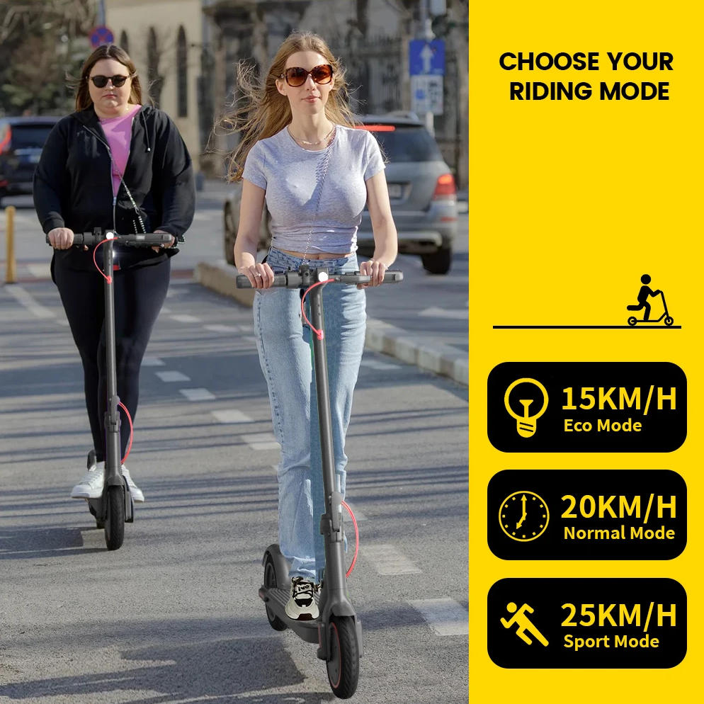 Two women riding electric scooters on a street with mode options displayed on the right.