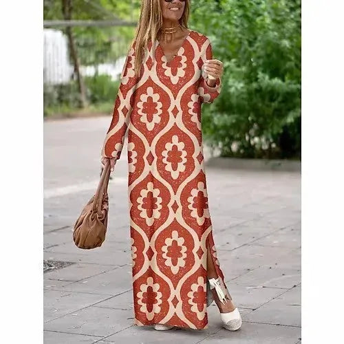 Summer Geometric Printed V-neck Long Dress Fashion Long Sleeve Slit Dresses For Women - EX-STOCK CANADA