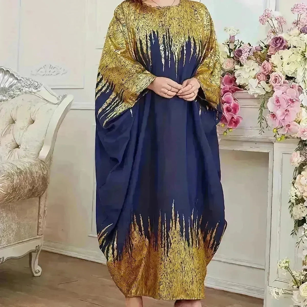 Fashion Embellish Fancy Abaya Middle East Print Color Contrast Patchwork Bat Sleeve Width Loose Summer Long Sleeve Dress - EX-STOCK CANADA