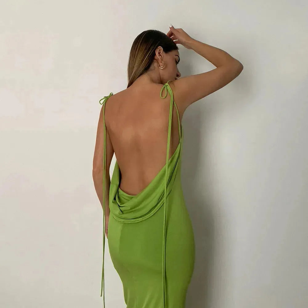 Cryptographic Elegant Spaghetti Strap Sexy Backless Draped Maxi Dress for Women Sleeveless Night Club Party Long Dresses Summer - EX-STOCK CANADA