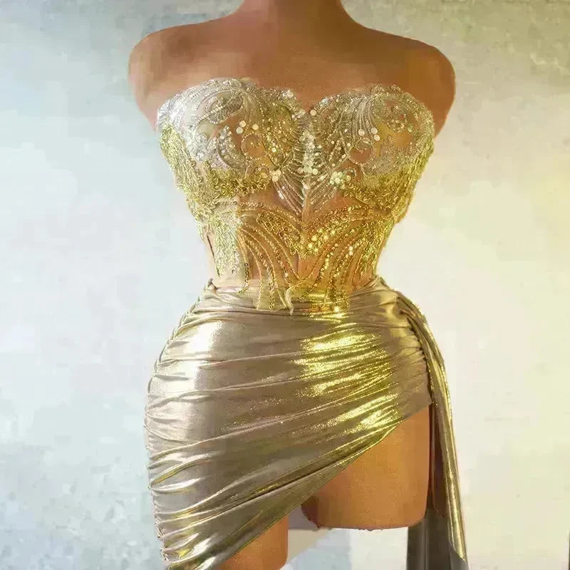 Strapless Tassle  Corset dress Women's Tube Top Rhinestone Chain Skirt Outfit for Evening party Cocktail event - EX-STOCK CANADA
