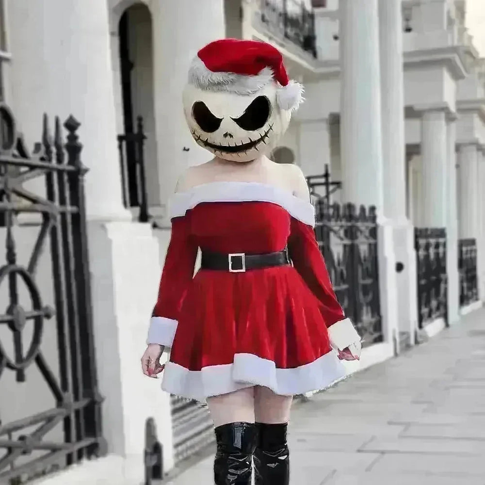 Women's Christmas Costume Santa Dress Plush Trim Boat-Neck Off-Shoulder Sleeve Dress New Year Party Cosplay Costume - EX-STOCK CANADA