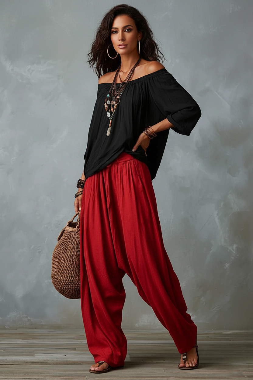 A woman modeling an off-the-shoulder black long-sleeve top and vibrant red baggy harem-style pants, accessorized with layered necklaces, bracelets, hoop earrings, and a woven straw bag, set against a textured gray studio backdrop.