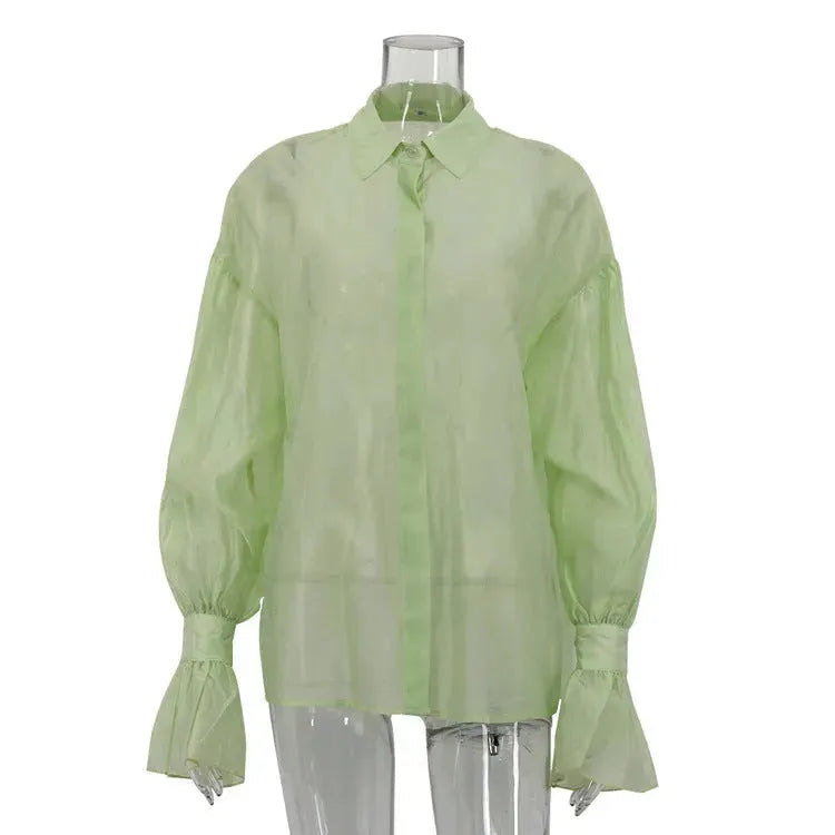 Loose Lapel Lantern Long Sleeves Blouse Shirt For Women - EX-STOCK CANADA
