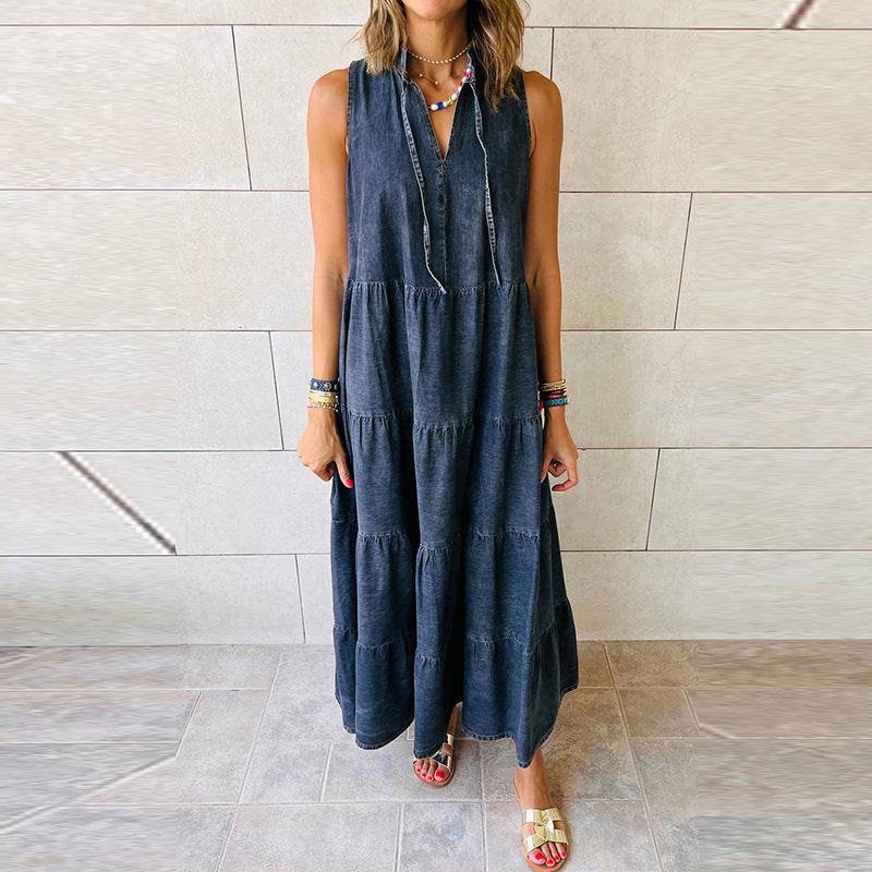 Women's Sleeveless Denim Fashion Retro High Waist Layered Dress - EX-STOCK Canada