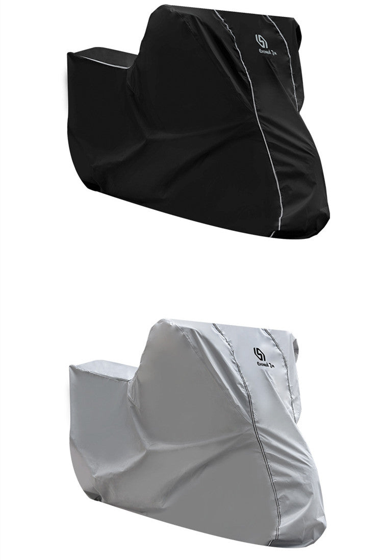 Black and gray vehicle covers with a brand logo on a white background