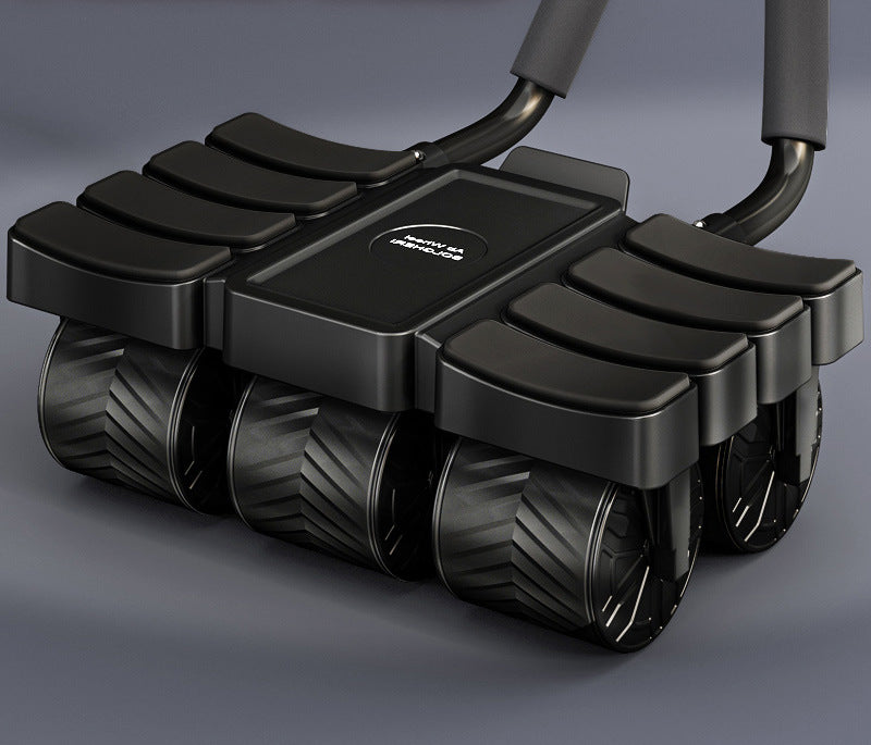 A black dual-wheel mobility scooter or walker frame with textured treaded wheels and two handlebars, shown on a smooth dark gray studio background.