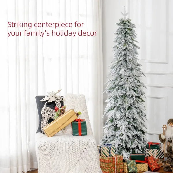 6ft Pencil Flocked Artificial Christmas Tree With 600 Branch Tips, Auto Open And Steel Base, Green EX-STOCK Canada 