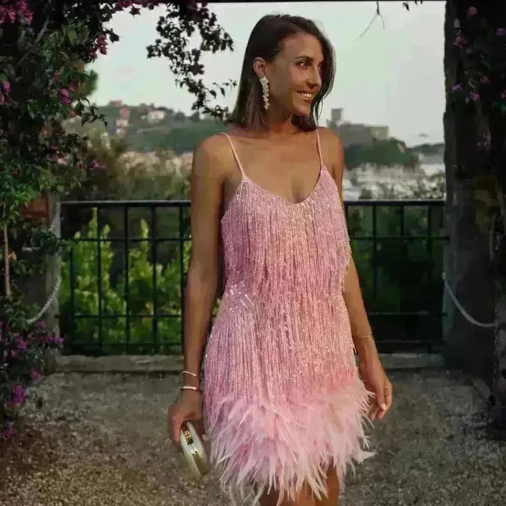 Elegant Chic Spaghetti Strap Luxury Tassel Sequins Feather Women’s Mini Dress for Evening Party, Cocktail Wedding Guest. - EX-STOCK CANADA
