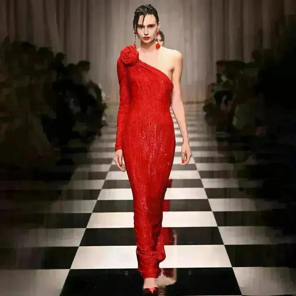 Elegant High-end Dress Rose Red Sequined Evening Dress Female New Year Battle Gown Host - EX-STOCK CANADA