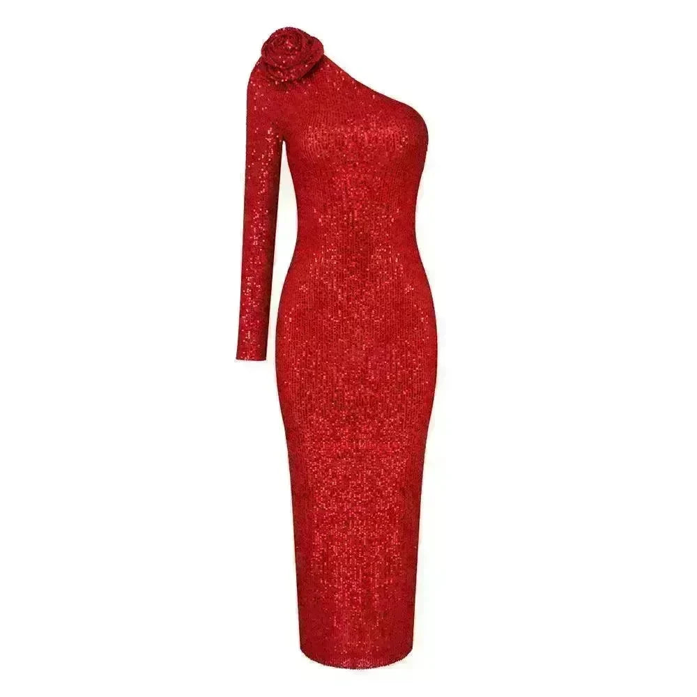 Elegant High-end Dress Rose Red Sequined Evening Dress Female New Year Battle Gown Host - EX-STOCK CANADA