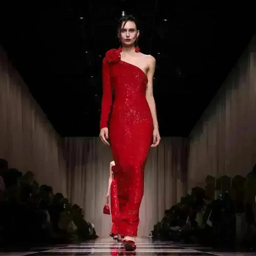 Elegant High-end Dress Rose Red Sequined Evening Dress Female New Year Battle Gown Host - EX-STOCK CANADA
