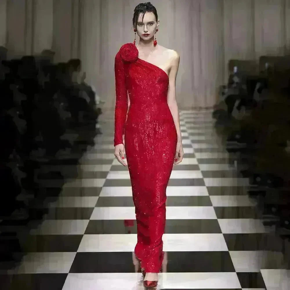 Elegant High-end Dress Rose Red Sequined Evening Dress Female New Year Battle Gown Host - EX-STOCK CANADA