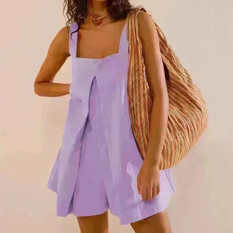 Elegant Solid Color Wide Leg Short Sleeveless Women Jumpsuit Fashionable Short Skirt Casual Jumpsuit for Women - EX-STOCK CANADA