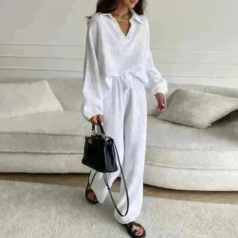 Elegant Women Casual Loose Outfit Female Long Sleeve Top Drawstring Trousers - EX-STOCK CANADA