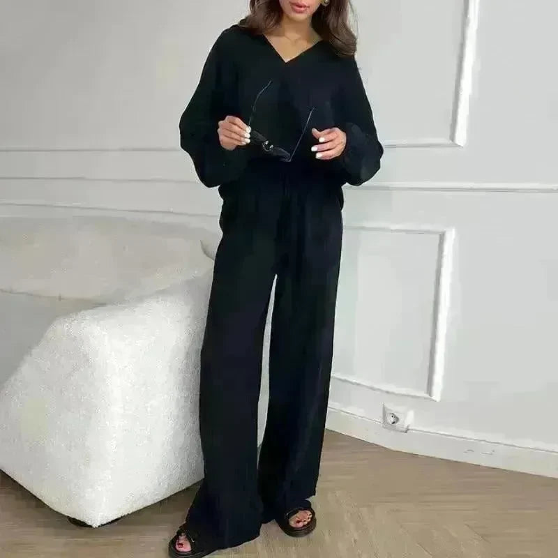 Elegant Women Casual Loose Outfit Female Long Sleeve Top Drawstring Trousers - EX-STOCK CANADA