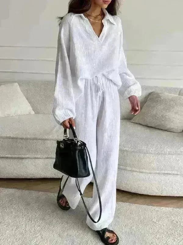 Elegant Women Casual Loose Outfit Female Long Sleeve Top Drawstring Trousers - EX-STOCK CANADA