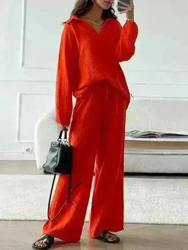 Elegant Women Casual Loose Outfit Female Long Sleeve Top Drawstring Trousers - EX-STOCK CANADA