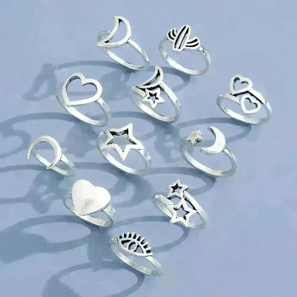 Eleven Sets Of Personalized Retro Hollow Love Stars Moon Cactus Eyes Ring - EX-STOCK CANADA