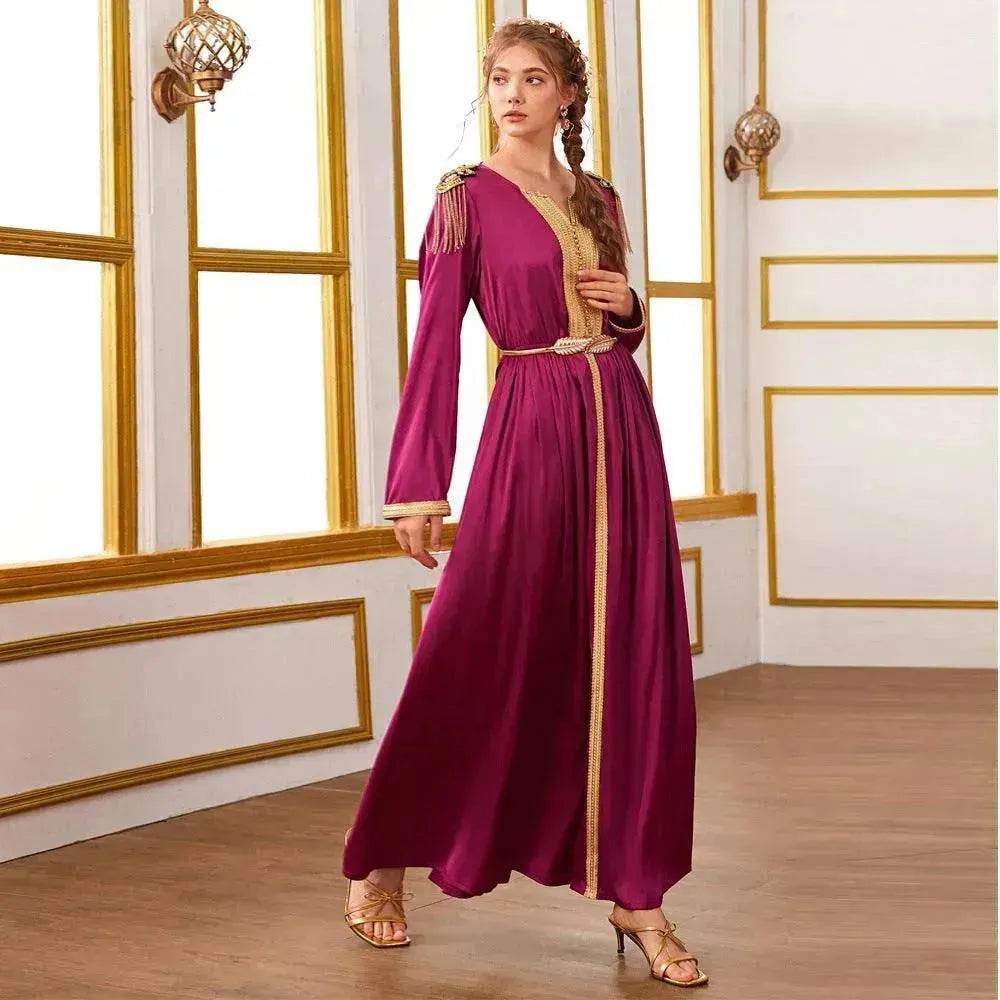 Embroidered Woven Satin Dress With Beads And Tassels Epaulettes for Turkey Dubai Middle East Women Abaya Dress - EX-STOCK Canada